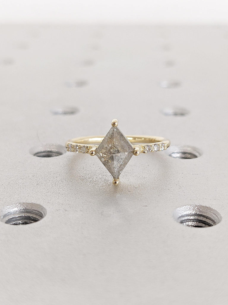 Art Deco Kite Engagement Ring, Salt and Pepper Diamond Promise Ring for Her, Round, Baguette Diamond Curved Wedding Band, Solid Gold Ring