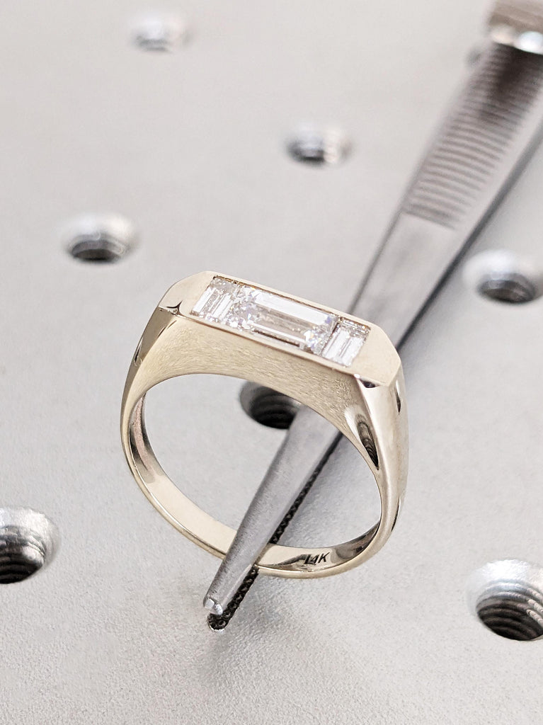 Baguette Cut Moissanite Engagement Ring, Custom 3 Stone White Diamond Ring, Minimalist Bezel Setting Wedding Band, 14K Raw White Gold Ring