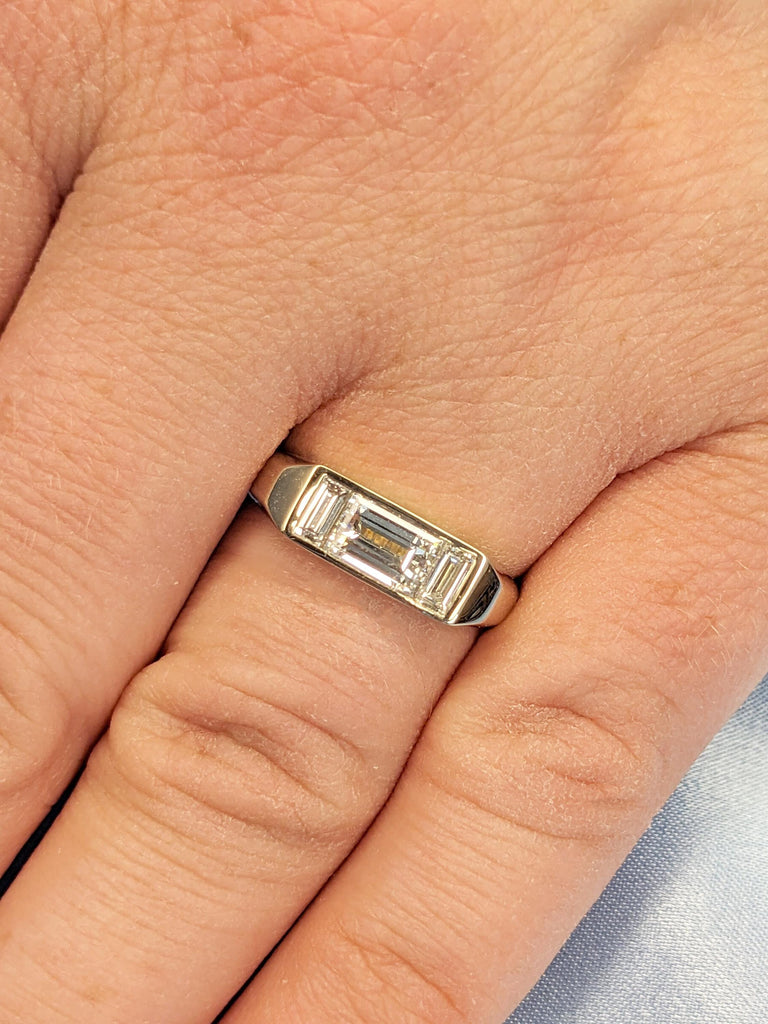 Baguette Cut Moissanite Engagement Ring, Custom 3 Stone White Diamond Ring, Minimalist Bezel Setting Wedding Band, 14K Raw White Gold Ring
