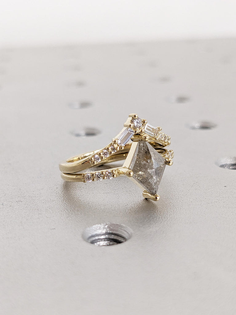 Art Deco Kite Engagement Ring, Salt and Pepper Diamond Promise Ring for Her, Solid Gold Ring