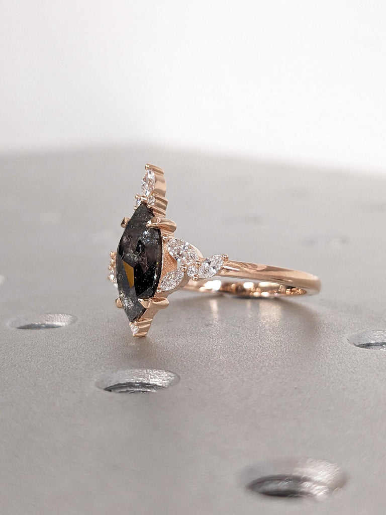 Marquise Cut Cluster Engagement Ring | Natural Black Diamond Wedding Ring | 14K Solid Gold Anniversary Ring | Marquise Promise Ring Gift