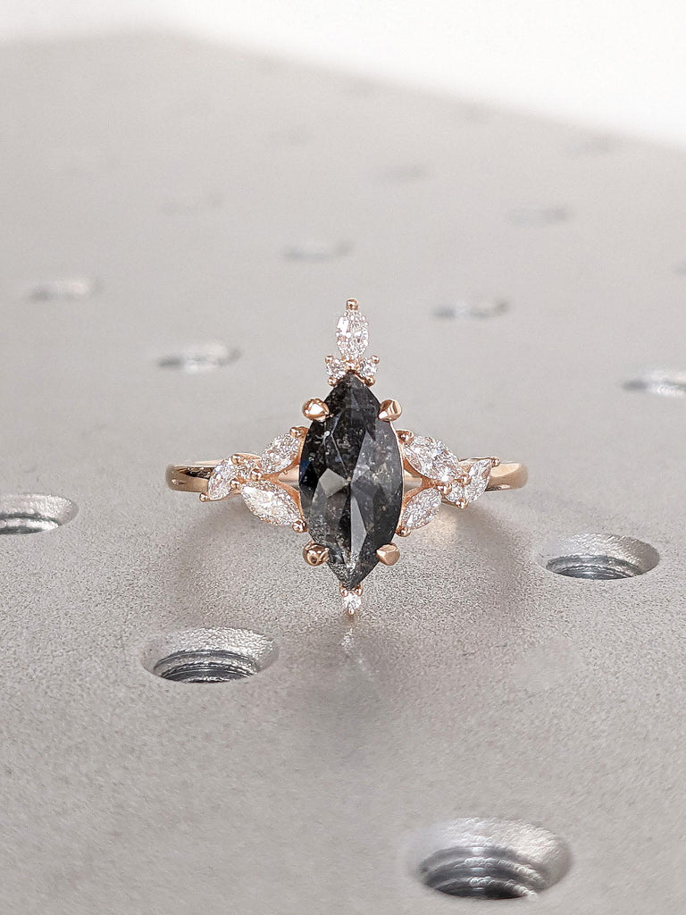 Marquise Cluster 1.5 Carat Vintage Engagement Ring for Women | Solid Rose Gold Wedding Anniversary Ring | 14k Gold Salt and Pepper Diamond Ring