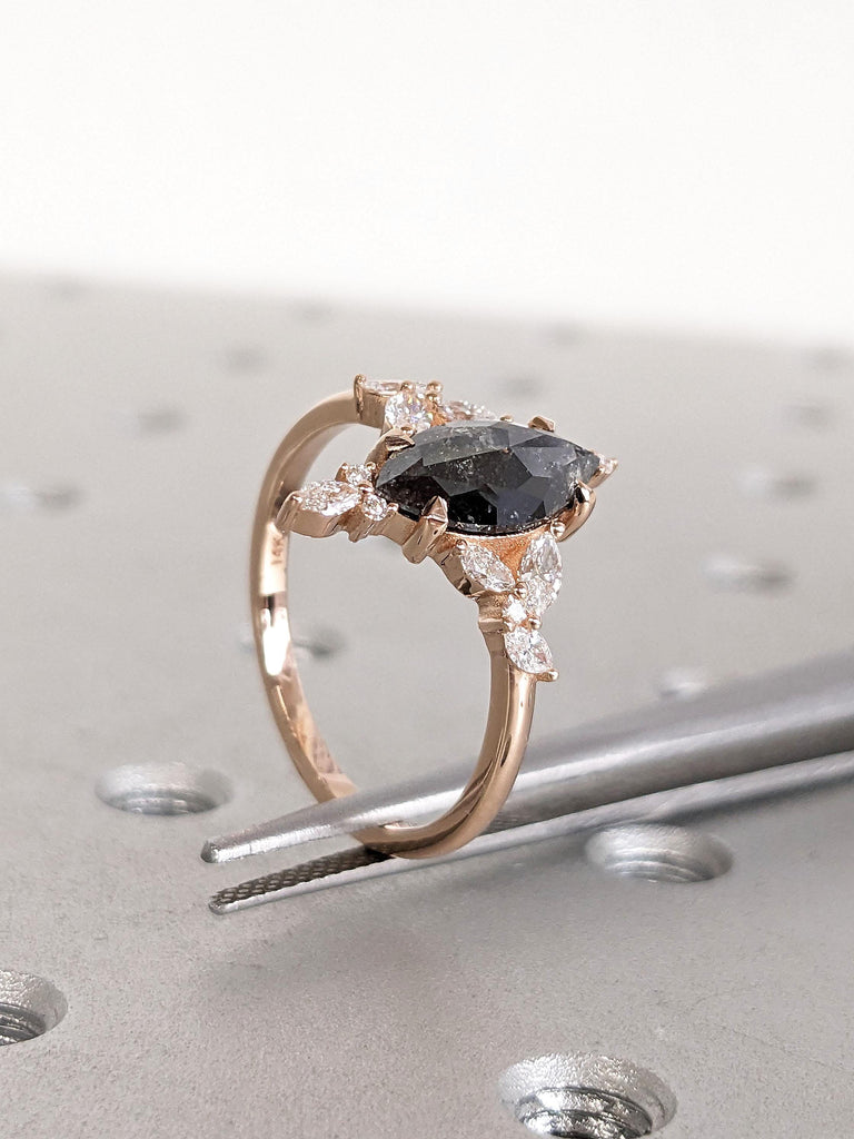 1.5ct Salt and Pepper Diamond Marquise cut Ring | 14k Rose Gold Marquise cut Cluster Ring Natural Diamond Ring | Handmade Fine Jewelry