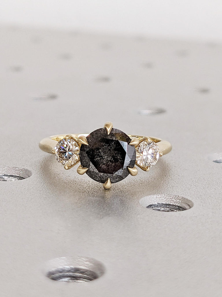 Brilliant Round Raw Salt and Pepper Diamond Engagement Ring, 14K Solid Yellow Gold 3-Stone Diamond Unique Wedding Ring, Claw Prong Gold Ring