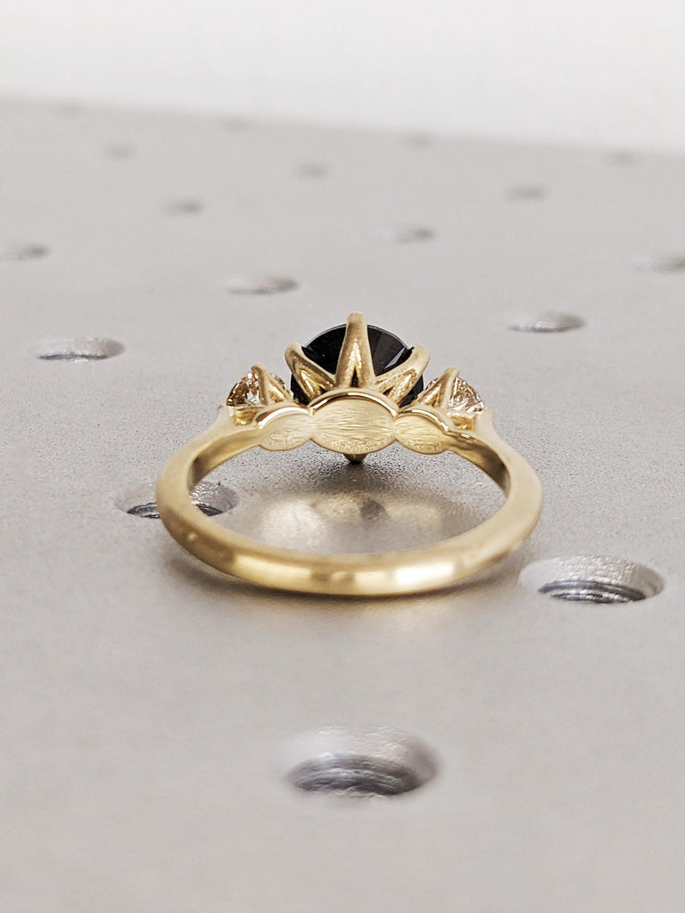 Brilliant Round Raw Salt and Pepper Diamond Engagement Ring, 14K Solid Yellow Gold 3-Stone Diamond Unique Wedding Ring, Claw Prong Gold Ring