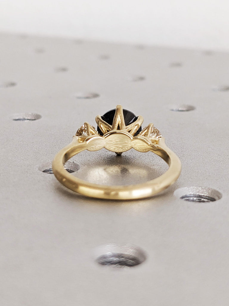 Brilliant Round Raw Salt and Pepper Diamond Engagement Ring, 14K Solid Yellow Gold 3-Stone Diamond Unique Wedding Ring, Claw Prong Gold Ring image #5