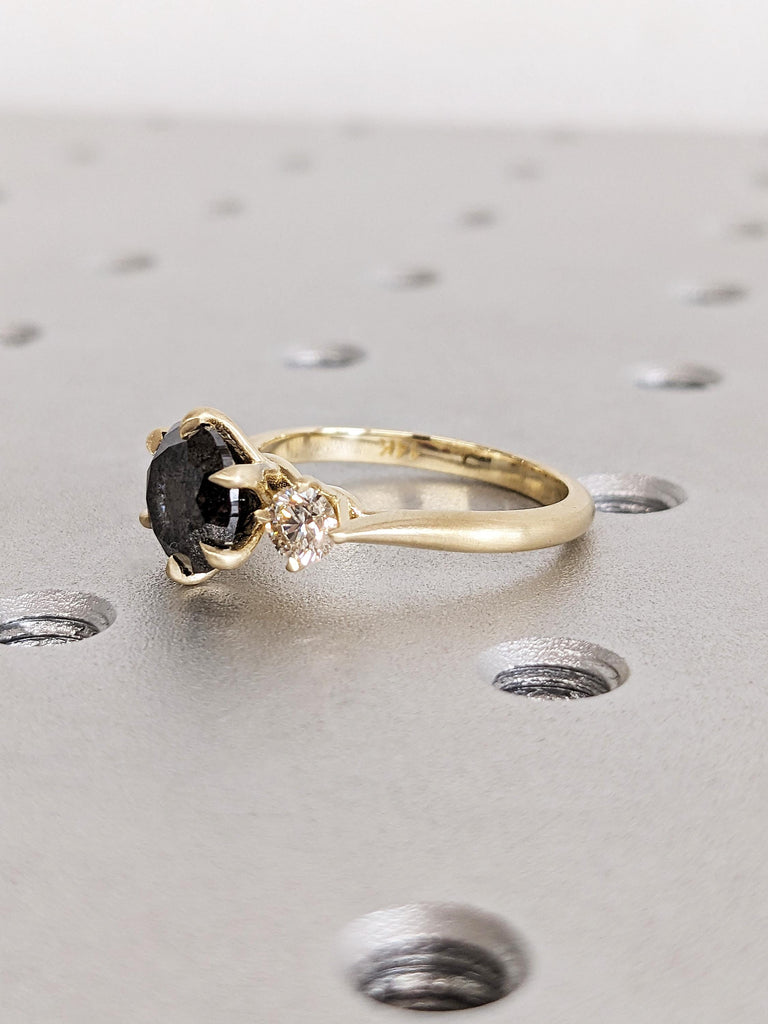 Brilliant Round Raw Salt and Pepper Diamond Engagement Ring, 14K Solid Yellow Gold 3-Stone Diamond Unique Wedding Ring, Claw Prong Gold Ring