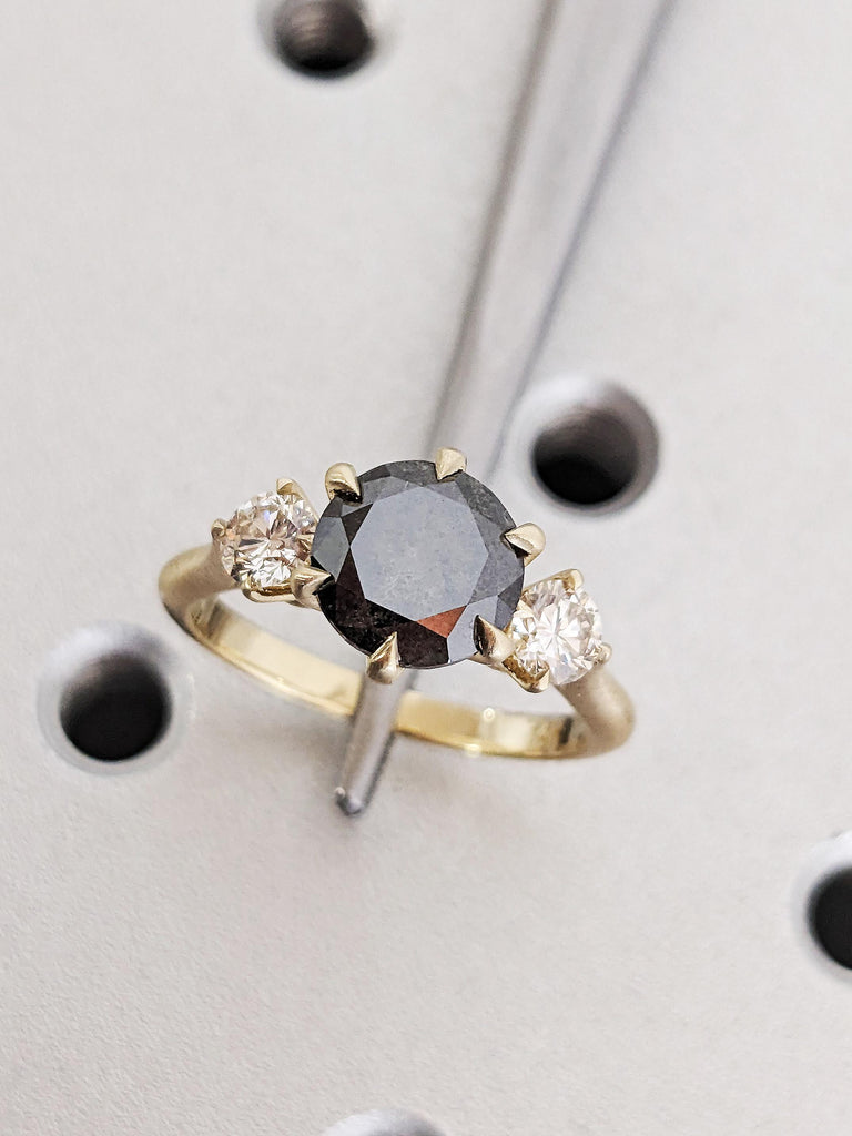 Brilliant Round Raw Salt and Pepper Diamond Engagement Ring, 14K Solid Yellow Gold 3-Stone Diamond Unique Wedding Ring, Claw Prong Gold Ring image #9