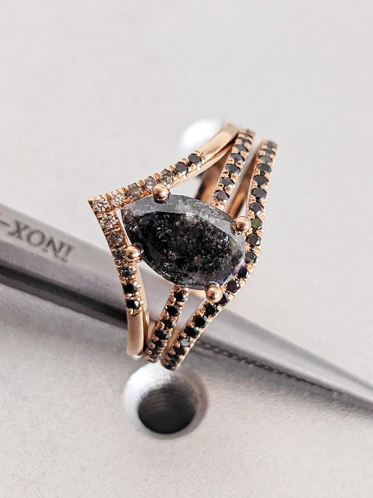 Vintage Pear Cut Salt & Pepper Diamond Bridal Set Wedding Ring, 14K Rose Gold Pave Diamond Band, Brilliant Round Ombre Diamond Stacking Ring