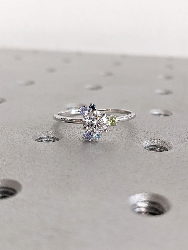 Unique Moissanite Engagement Ring | 14K White Gold Ring | Halo Wedding Ring for Women | Moissanite Bridal Ring | Asymmetrical Gemstone Ring