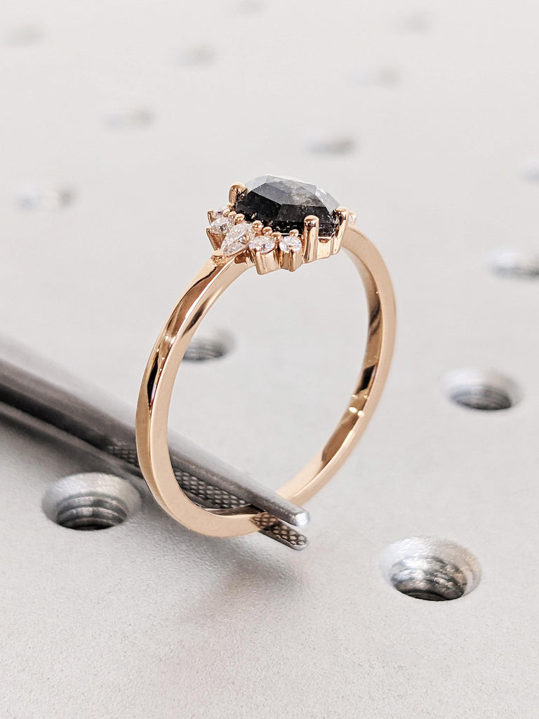 Unique 14K Rose Gold Raw Salt & Pepper Modern Engagement Ring, Minimalist Hexagon Cut Black Diamond Cluster Wedding Ring, Contemporary Ring