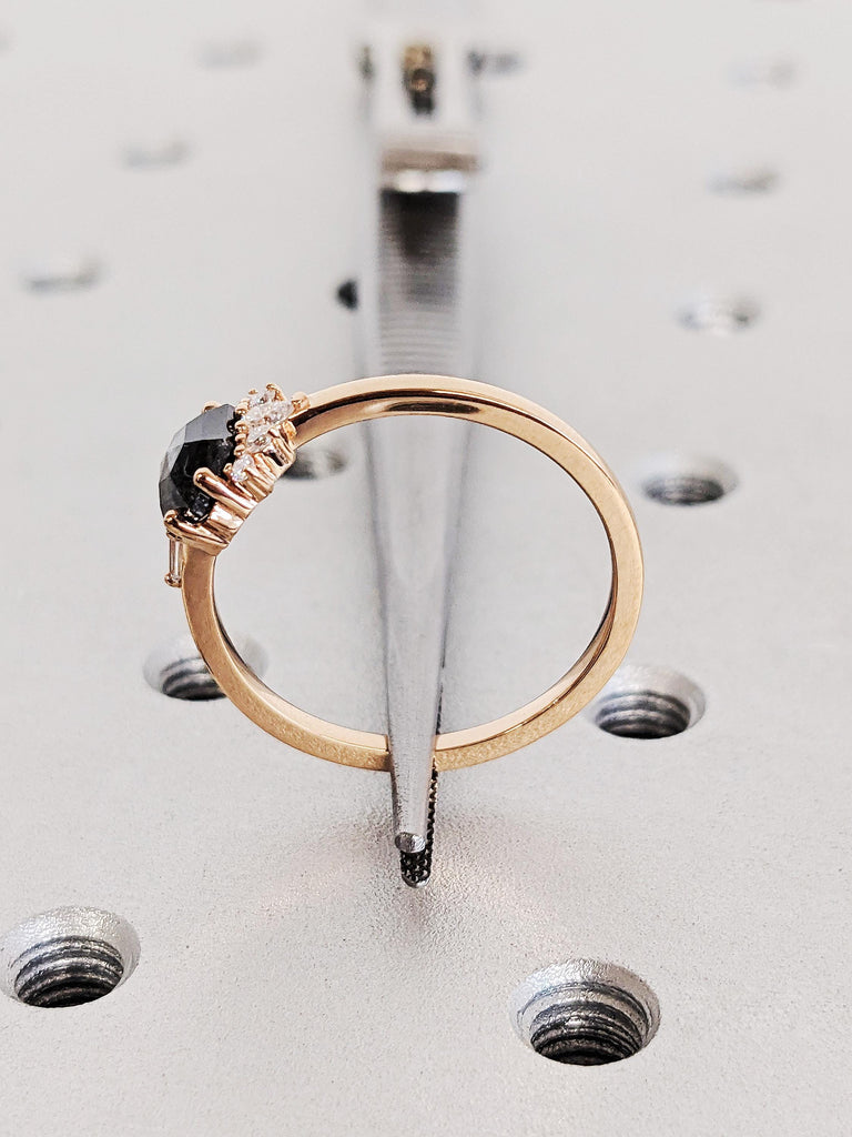 Unique 14K Rose Gold Raw Salt & Pepper Modern Engagement Ring, Minimalist Hexagon Cut Black Diamond Cluster Wedding Ring, Contemporary Ring