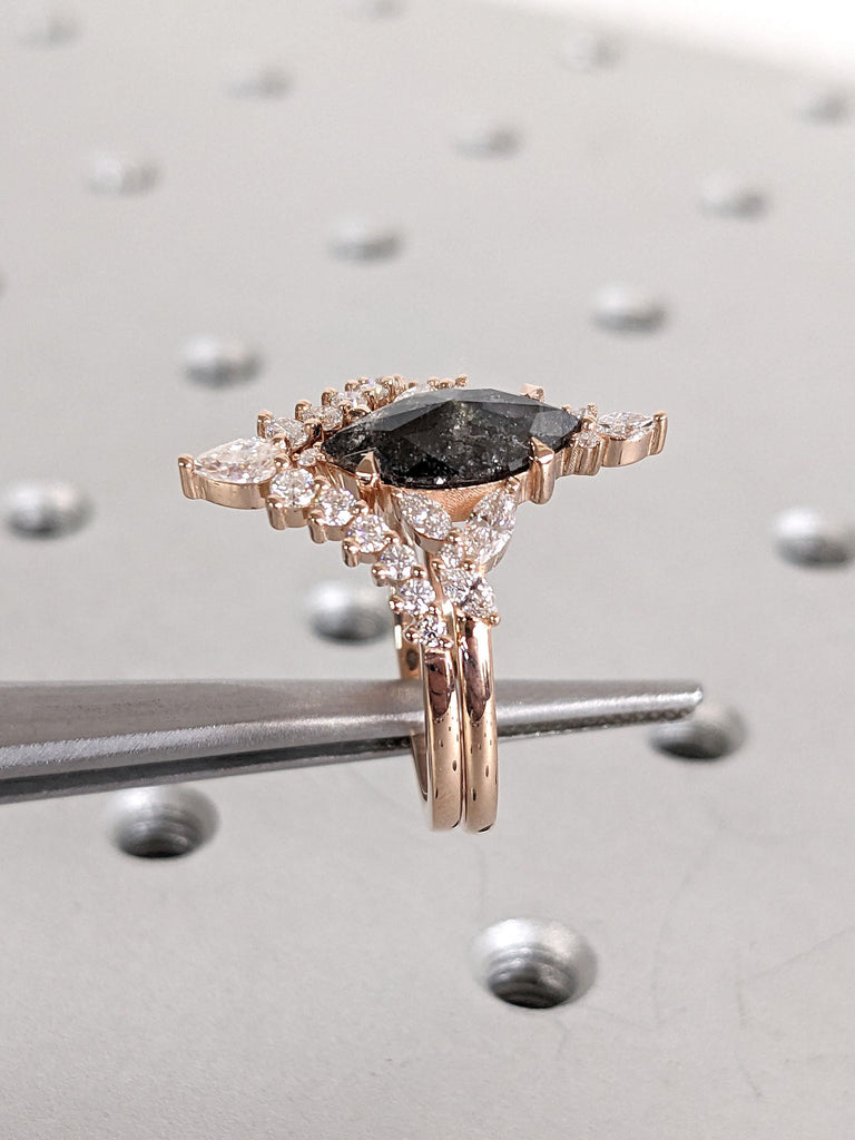 Unique Engagement Ring | Marquise cut Natural Diamond Rose Gold Vintage Bridal Set | Diamond Cluster Chevron Stacking Ring | Woman Jewelry