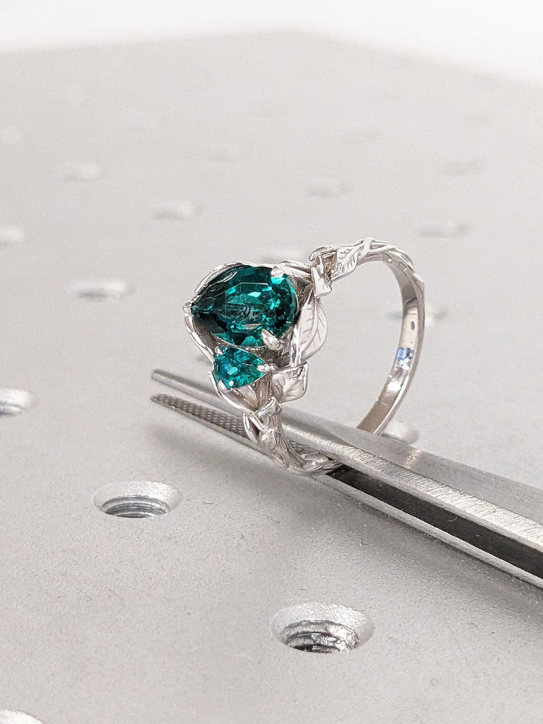 1.5CT Pear cut Emerald Nature Inspired Engagement Ring | Eco Friendly Lab Created Emerald Wedding Anniversary Ring | Solid Gold Rings for Women