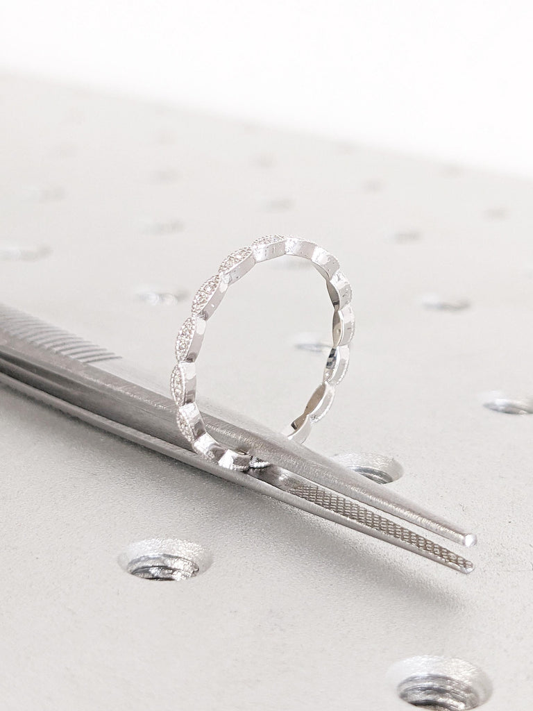 Vintage Wedding Band, 14k White Gold Ring, Lab Diamond Matching Ring, Milgrain Eternity Band, Moissanite Wedding Band, Diamond Stacking Ring