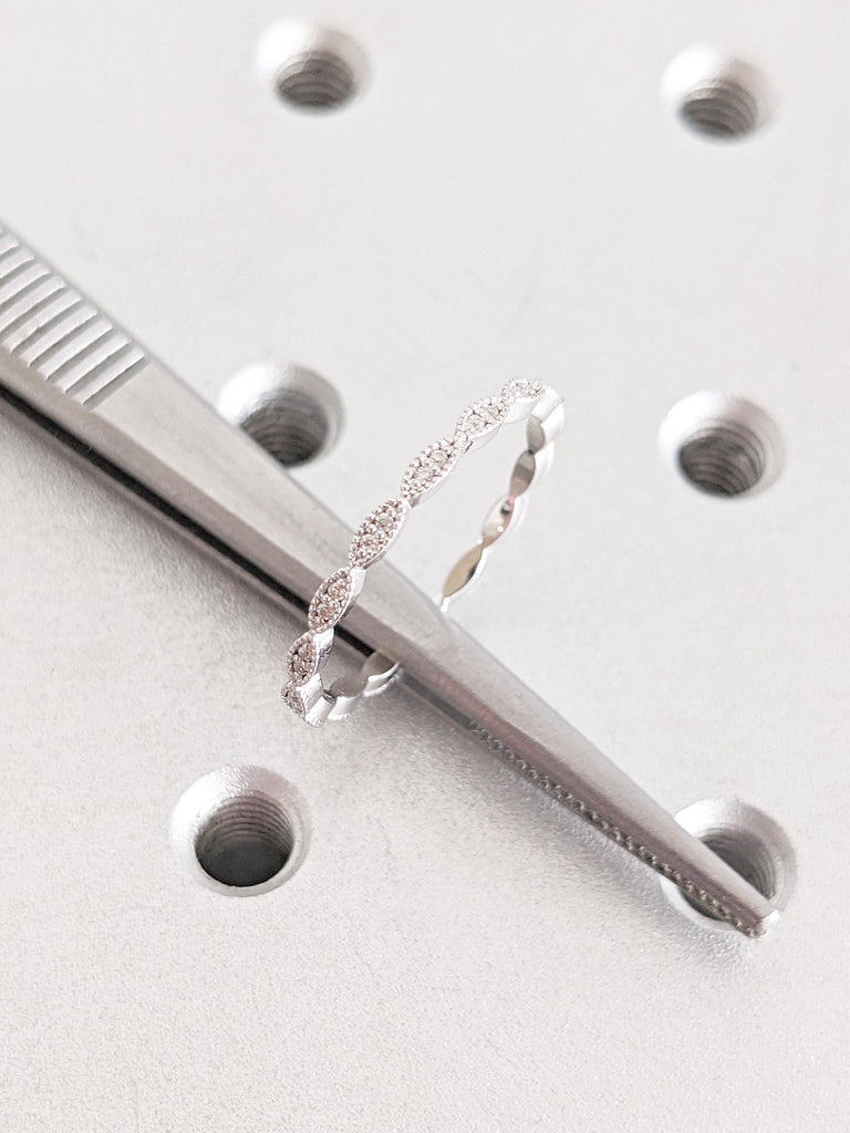 Vintage Wedding Band, 14k White Gold Ring, Lab Diamond Matching Ring, Milgrain Eternity Band, Moissanite Wedding Band, Diamond Stacking Ring