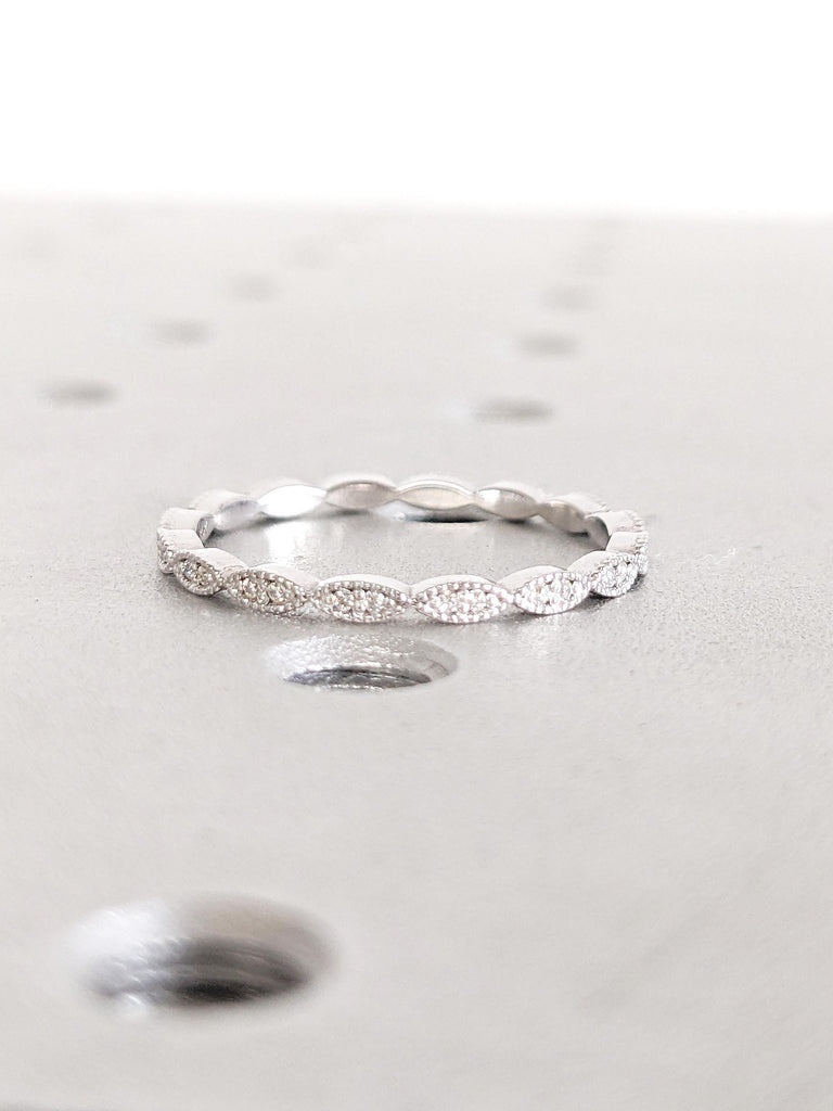 Vintage Wedding Band, 14k White Gold Ring, Lab Diamond Matching Ring, Milgrain Eternity Band, Moissanite Wedding Band, Diamond Stacking Ring