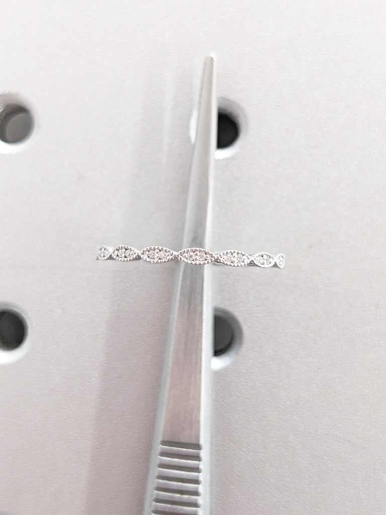 Vintage Wedding Band, 14k White Gold Ring, Lab Diamond Matching Ring
