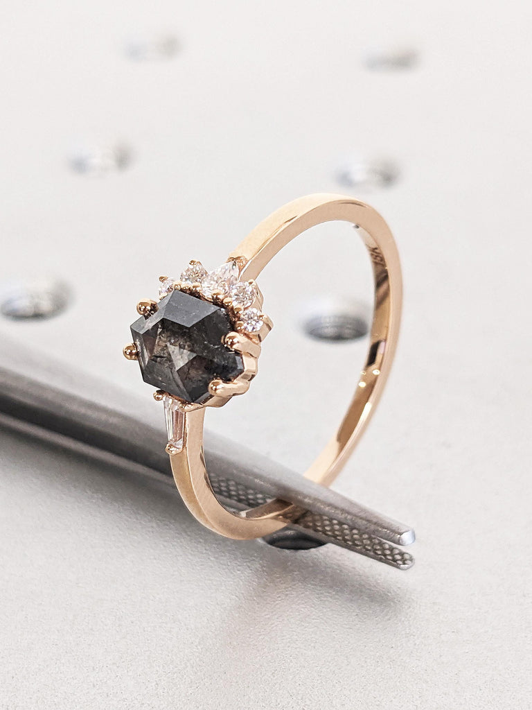 Unique 14K Rose Gold Raw Salt & Pepper Modern Engagement Ring, Minimalist Hexagon Cut Black Diamond Cluster Wedding Ring, Contemporary Ring