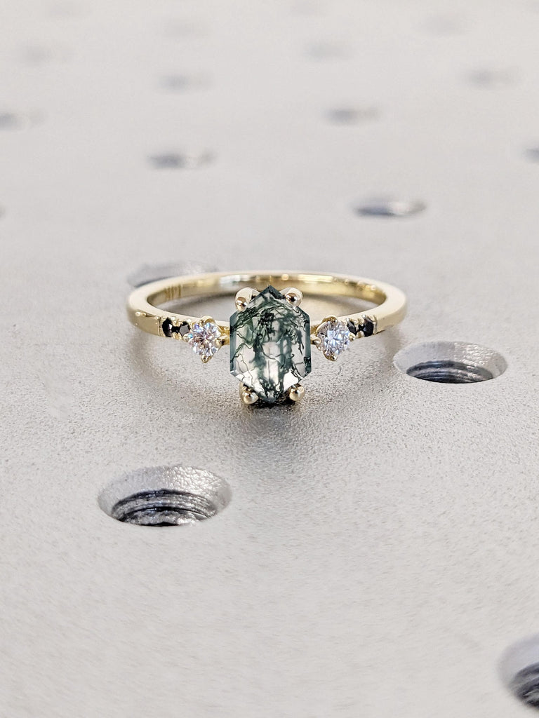 Natural Moss Agate Ring | Hexagon Engagement Ring | Green Healing Gemstone Ring | Art Deco Promise Ring for Women | Unique Anniversary Gift