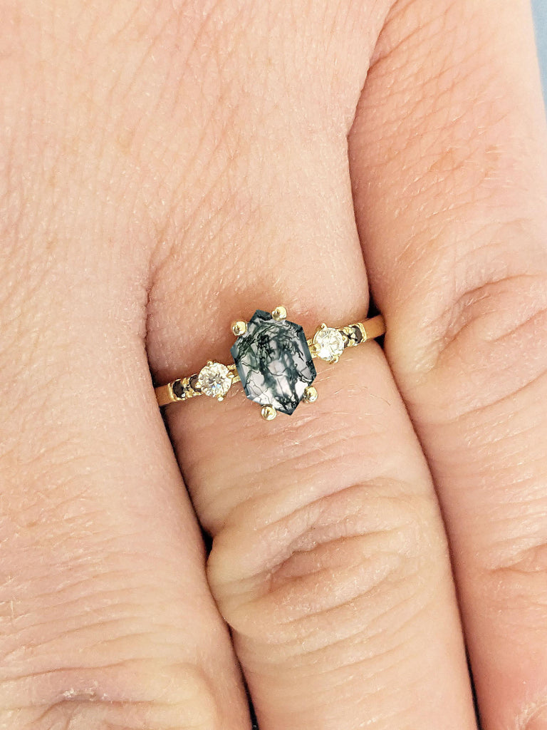 1ct Hexagon shaped Moss Agate Engagement Ring | Vintage Hexagon cut Green Moss Agate Wedding Band | Yellow Gold Black and White Diamond Ring