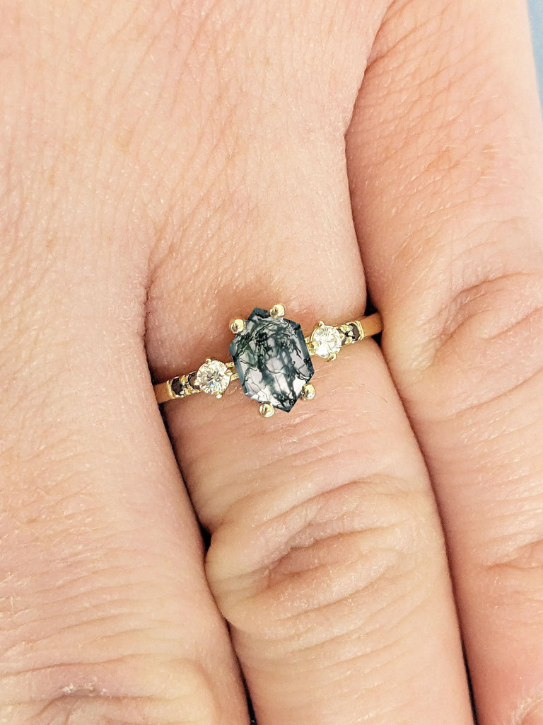 1ct Hexagon shaped Moss Agate Engagement Ring | Vintage Hexagon cut Green Moss Agate Wedding Band | Yellow Gold Black and White Diamond Ring