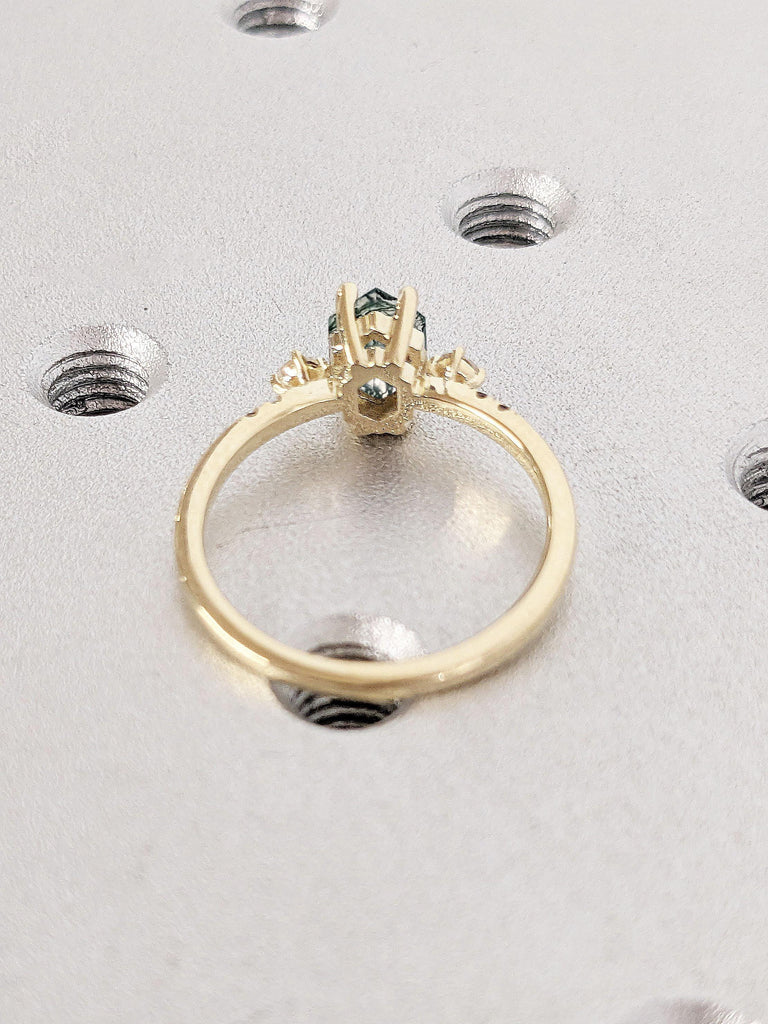 Natural Moss Agate Ring | Hexagon Engagement Ring | Green Healing Gemstone Ring | Art Deco Promise Ring for Women | Unique Anniversary Gift