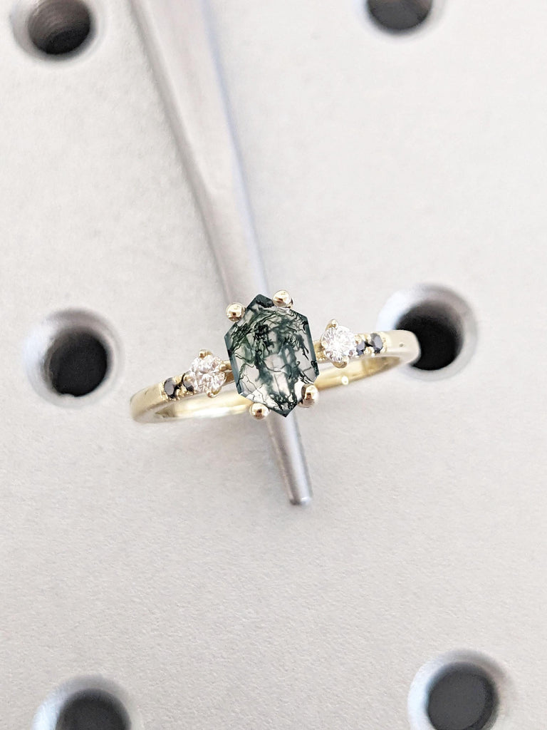 Hexagon Moss Agate Ring | Dainty Vintage Green Moss Agate Engagement Ring | Art Deco 7 Stone Gemstone and Diamond Ring | Solid Gold Ring for Women | Promise Ring