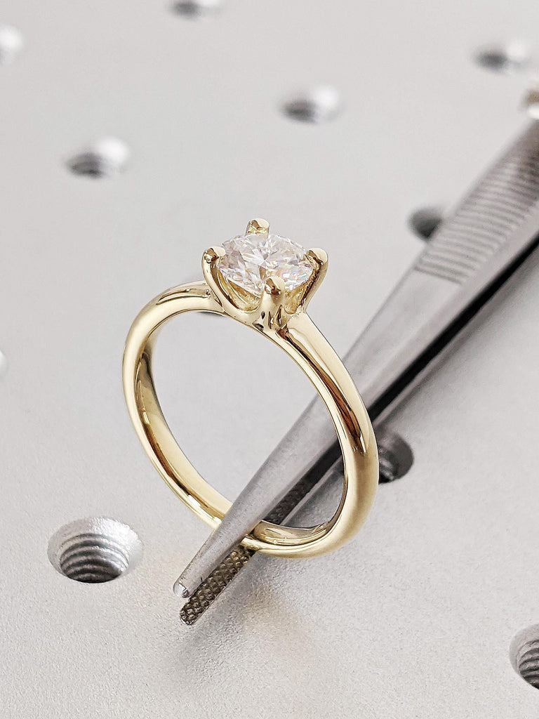 14K Solid Yellow Gold Round Brilliant Moissanite Modern Engagement Ring, Classic 4-Prong Moissanite Diamond Ring, Anniversary Gift for Her