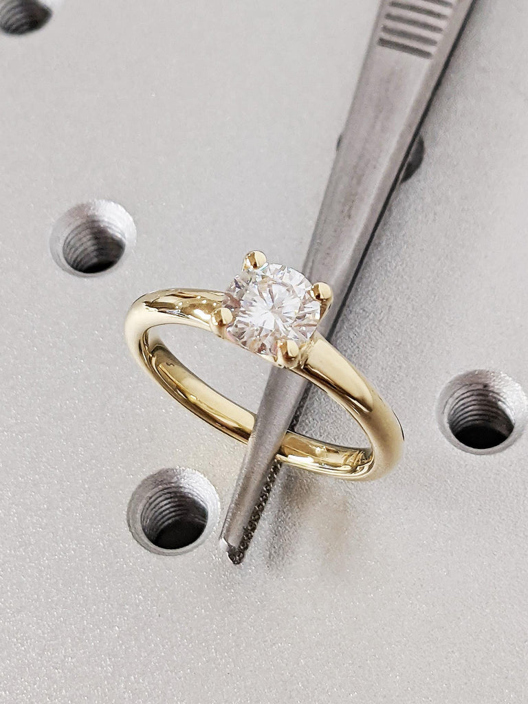 14K Solid Yellow Gold Round Brilliant Moissanite Modern Engagement Ring, Classic 4-Prong Moissanite Diamond Ring, Anniversary Gift for Her