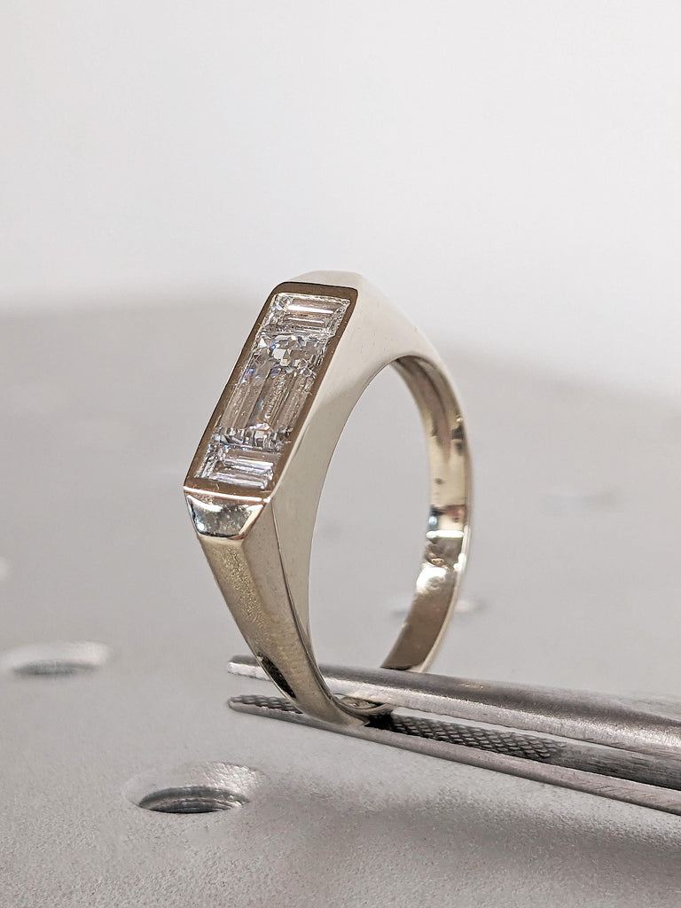 Personalized 14K Raw White Gold Lab Diamond Ring, Vintage Baguette Cut White Diamond Wedding Ring, Wide Band Polished Finish Diamond Ring