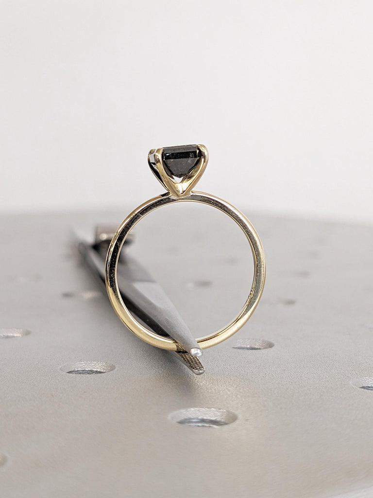Emerald Cut Salt and Pepper Diamond Ring, Vintage Engagement Ring, Dainty 14k Solid Gold Ring, Unique Solitaire Ring, Bridal Gift for Her