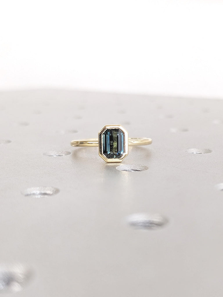 Emerald Cut Montana Sapphire Engagement Ring, 14k Gold Bezel Set Ring, Peacock Sapphire Ring, Solitaire Ring, Gemstone Ring, Birthstone Ring
