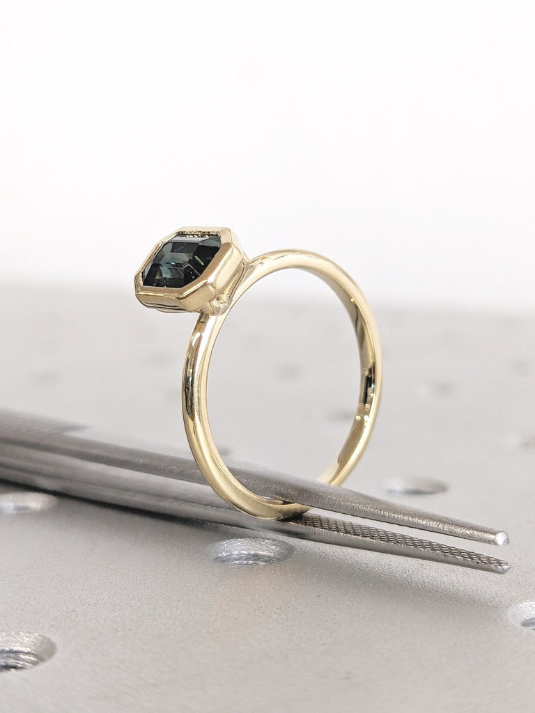 Bezel Engagement Ring, Emerald Cut Ring, Blue Green Sapphire Ring, 14k Solid Gold Ring, September Birthstone, Teal Sapphire Anniversary Ring