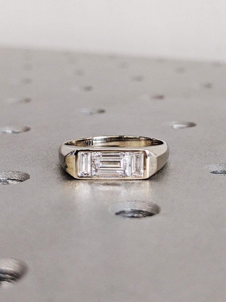 Baguette Cut Moissanite Engagement Ring, Custom 3 Stone White Diamond Ring, Minimalist Bezel Setting Wedding Band, 14K Raw White Gold Ring
