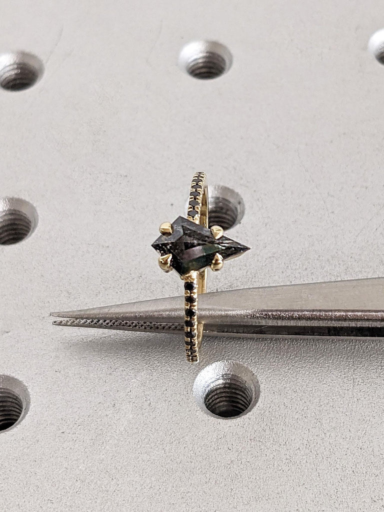 Salt and Pepper Bridal Jewelry Kite Shape Ring | Handmade Diamond Ring | Vintage Yellow Gold Wedding Ring | Paved Black Diamond Wedding Band