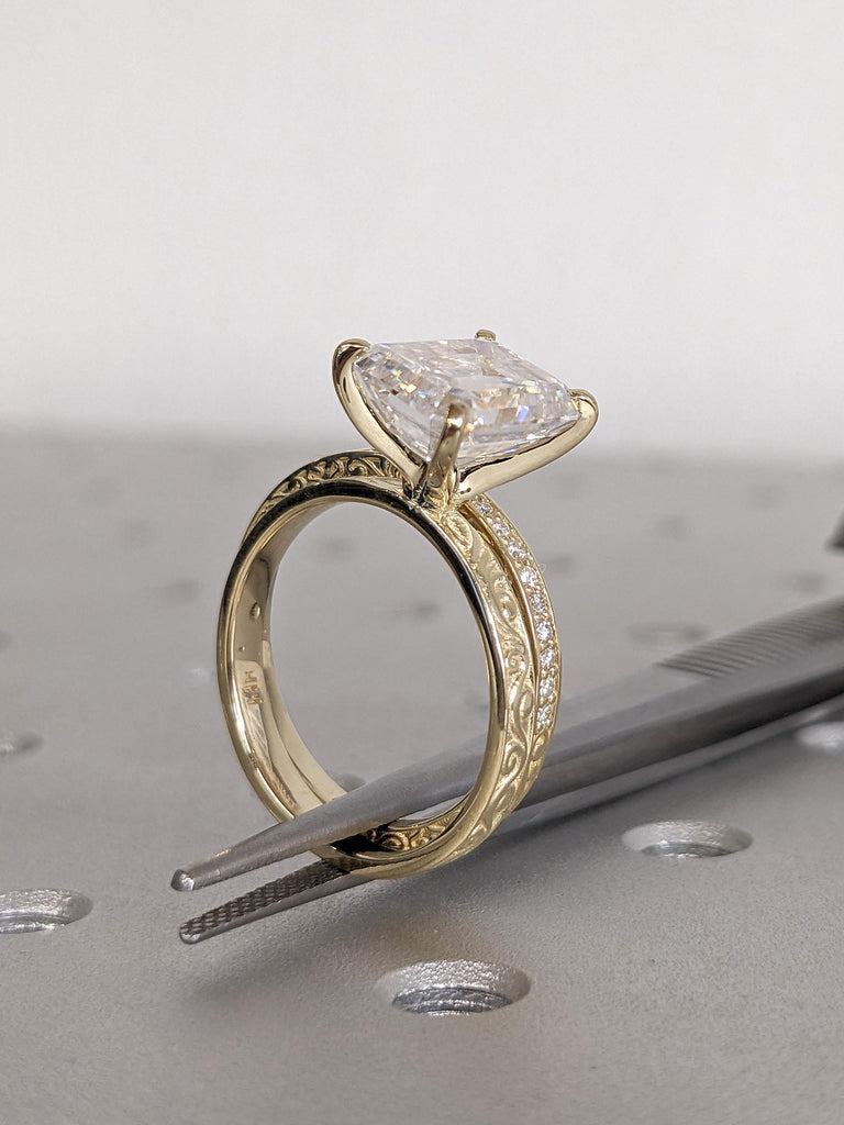 Certified Man Made Diamond Vintage Engagement Stacking Ring Set | Emerald cut CVD Diamond 14k 18k Gold Promise Ring | Filigree Wedding Ring image #4