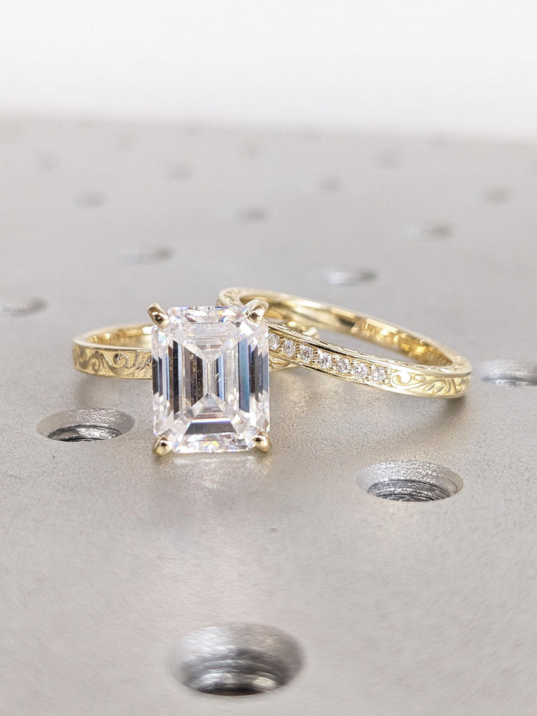 3 Carat Certified Man Made Diamond Vintage Engagement Stacking Ring Set | Emerald cut CVD Diamond 14k 18k Gold Promise Ring | Filigree Wedding Ring