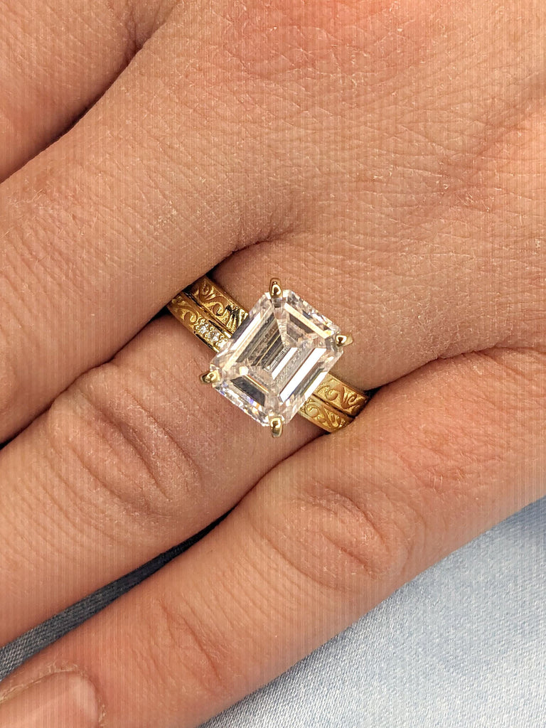 Vintage Filigree Emerald cut Lab Grown Diamond Engagement Ring | Art Deco Yellow Gold Woman Wedding Ring | Anniversary Ring Gift for Wife