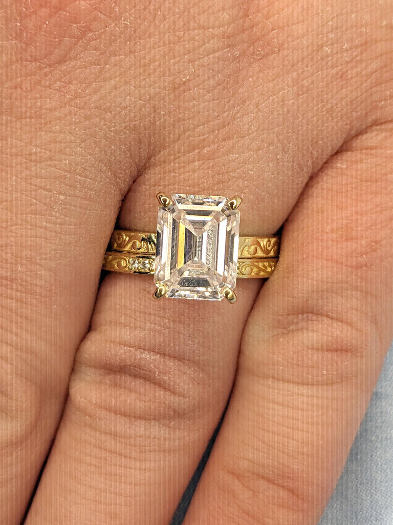 3ct Vintage Engagement Ring Bridal Set | 14k Solid Gold Rings for Women | Emerald cut Lab Grown Diamond Ring