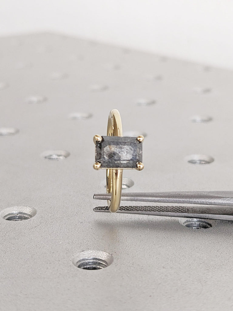 Unique Salt and Pepper Diamond Ring, Vintage Engagement Ring, 14k Solid Gold Ring, Emerald Cut Ring, Solitaire Ring, Promise Ring for Her