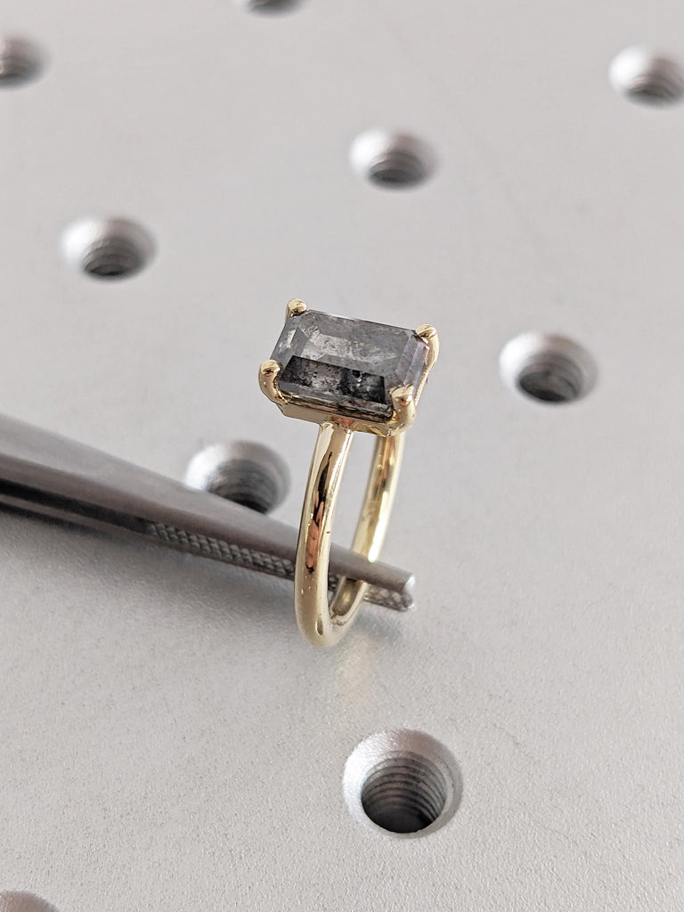Salt and Pepper Diamond Ring, Emerald Cut Engagement Ring, Minimalist Ring, Dainty 14k Gold Ring, Anniversary Gift for Her, Low Profile Ring