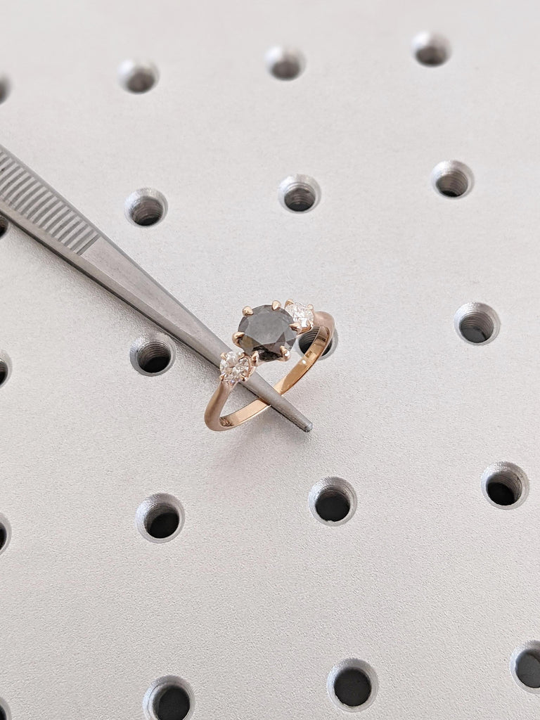 Unique 14K Solid Rose Gold Salt and Pepper 3-Stone White Diamond Ring, Vintage Claw Prong Salt & Pepper Wedding Ring, Christmas Gift for Her