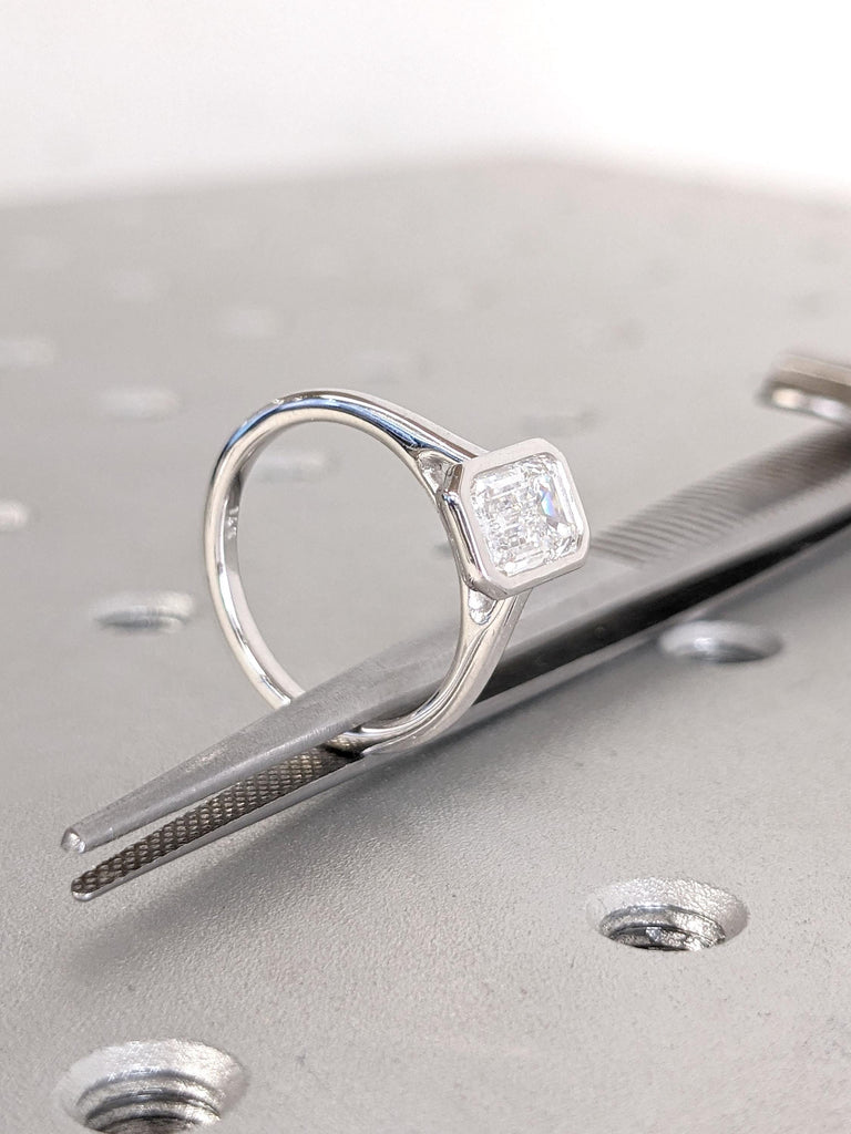 1, 2, or 3ct Emerald Cut Solitaire Bezel Ring | VVS Moissanite Solitaire | 14k Gold Bezel Engagement Ring | Emerald Cut Bezel Wedding Ring