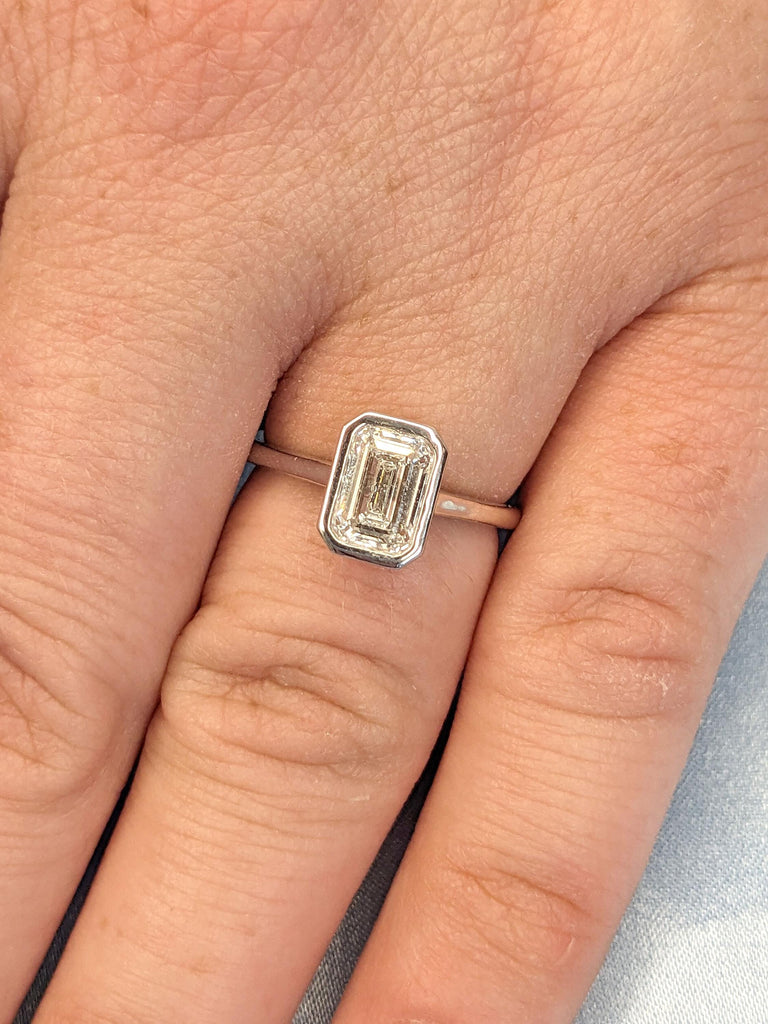 Bezel Set 1 Ct Emerald Cut Moissanite Engagement Ring, Emerald Cut Ring, Moissanite Engagement Ring, Bezel Set Emerald Cut Ring
