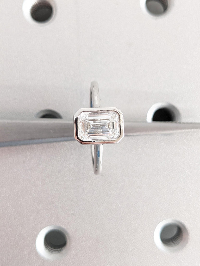 1, 2, or 3ct Emerald Cut Solitaire Bezel Ring | VVS Moissanite Solitaire | 14k Gold Bezel Engagement Ring | Emerald Cut Bezel Wedding Ring