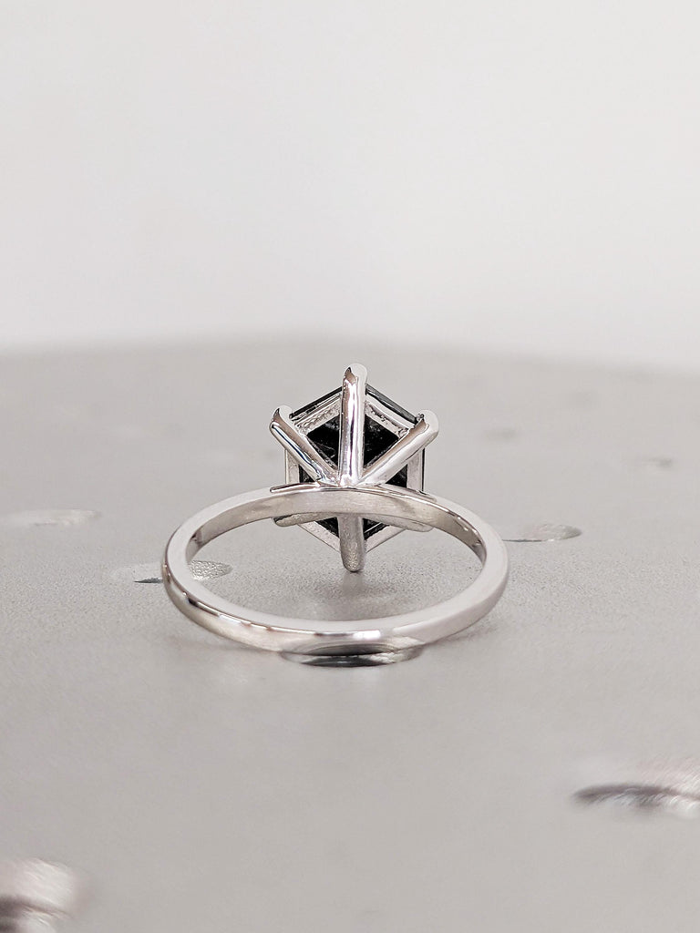 18K Solid White Gold Hexagon Cut Salt & Pepper Diamond Engagement Ring, Minimalist Solitaire Black Diamond Wedding Ring, Galaxy Promise Ring