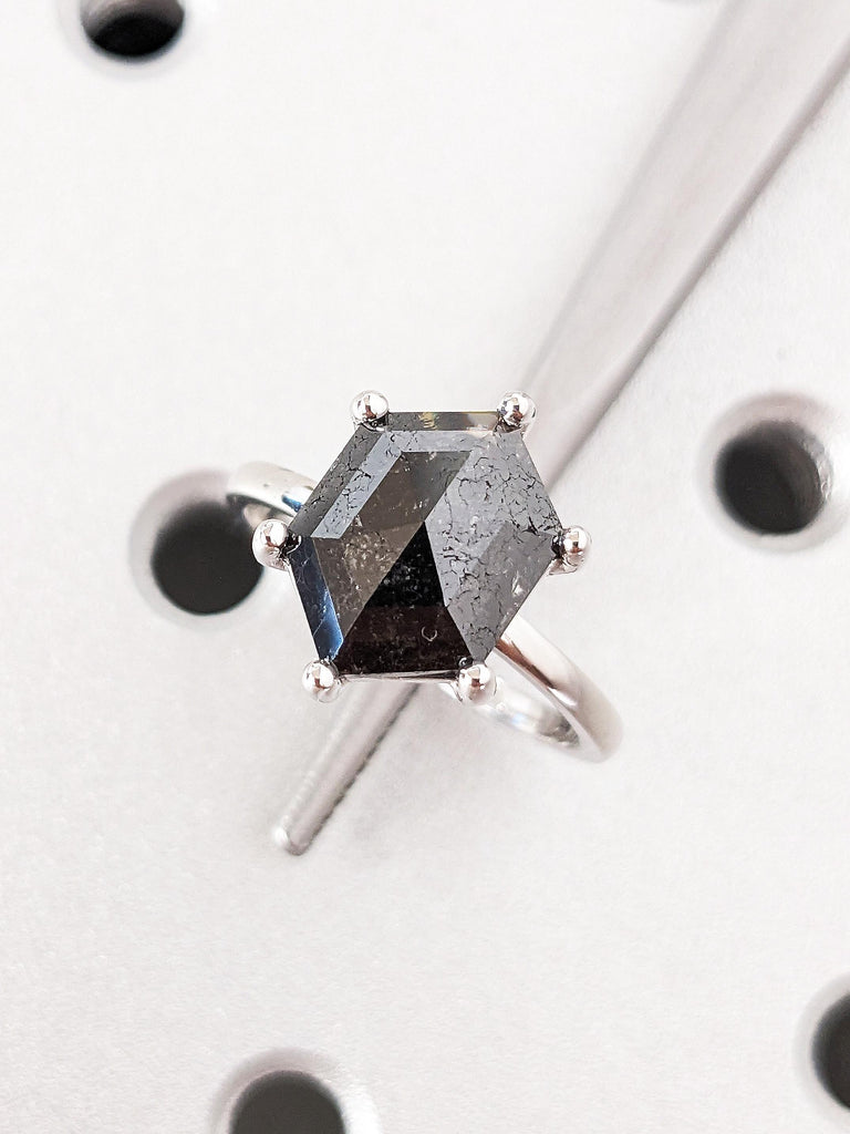 18K Solid White Gold Hexagon Cut Salt & Pepper Diamond Engagement Ring, Minimalist Solitaire Black Diamond Wedding Ring, Galaxy Promise Ring