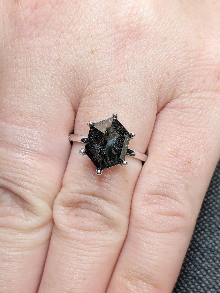 18K Solid White Gold Hexagon Cut Salt & Pepper Diamond Engagement Ring, Minimalist Solitaire Black Diamond Wedding Ring, Galaxy Promise Ring