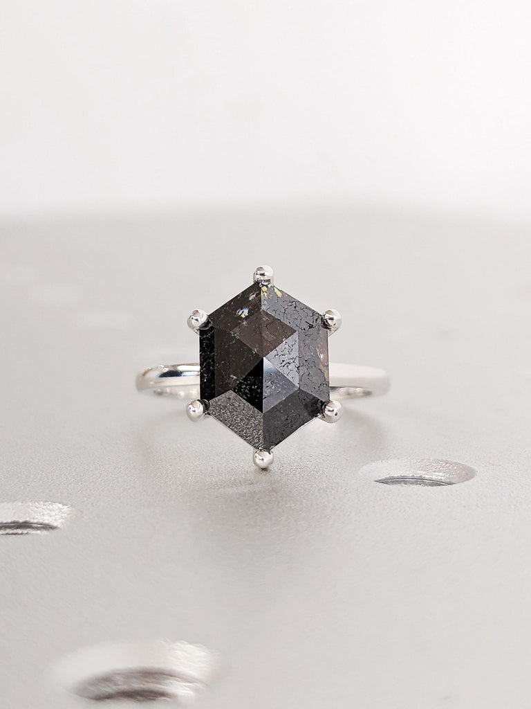 18K Solid White Gold Hexagon Cut Salt & Pepper Diamond Engagement Ring, Minimalist Solitaire Black Diamond Wedding Ring, Galaxy Promise Ring